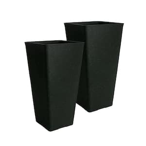 Acerra Planter, Square Taper 13-In. by 25-In. Height, Black Stucco, 2 Pack