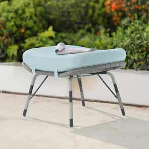 Gray Wicker All Weather Rattan Outdoor Ottoman with Removable Tiffany Blue Cushions