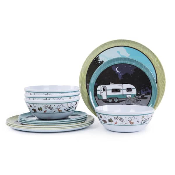 12-Piece Rustic Mint Green and Blue Grey Melamine Outdoor Camping Dinnerware Set Service for 4
