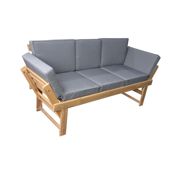 DEKO LIVING Outdoor Acacia Wood Patio Bench/Lounge with Fold Down Center Table and Side Panels with Cushion