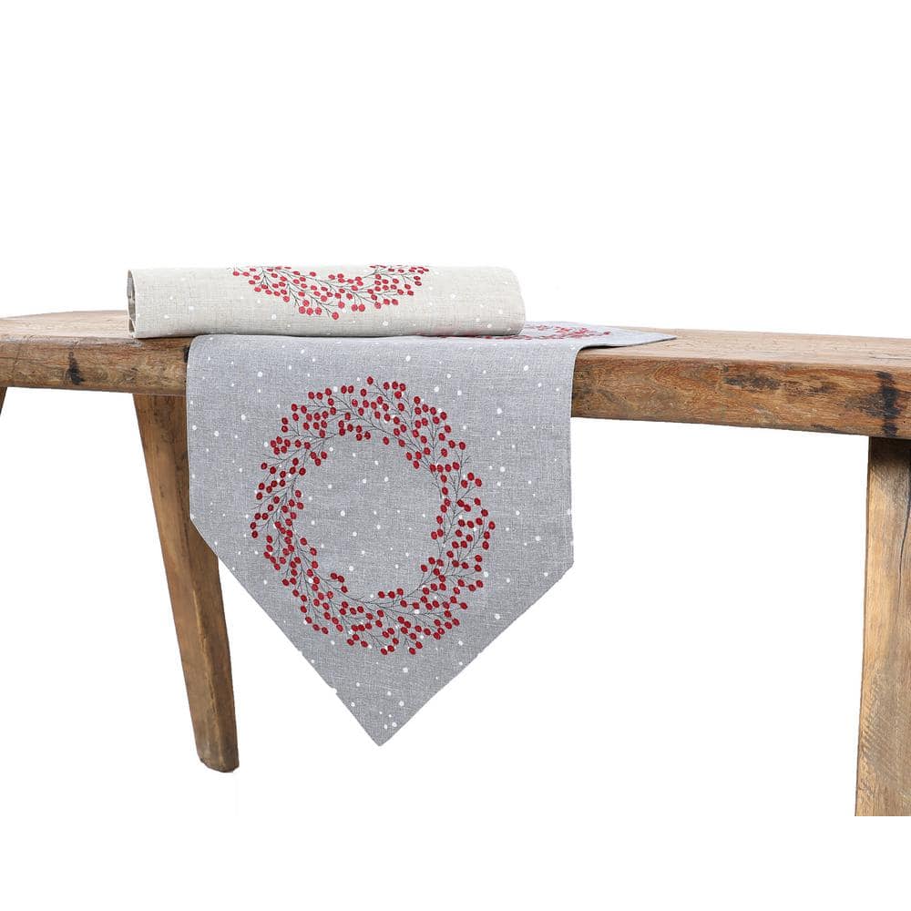 Gray Holly Berry Wreath Embroidered Christmas Table Runner 16" x 36"