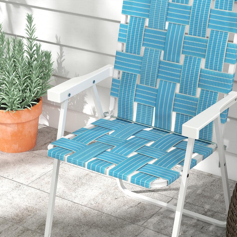 Set of 4 Blue Woven Strap Folding Patio Chairs with Armrests
