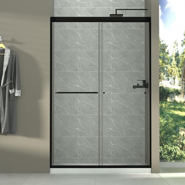 Lonni 44-48 in.W x 72 in.H Semi-Frameless Sliding Shower Door In Matte Black Finish, 1/4 in.(6mm) Clear Tempered Glass.