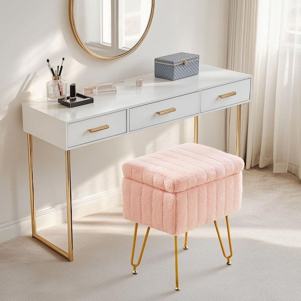 WONDER COMFORT Pink Faux Fur Soft Padded Rectangular Accent Small Ottoman Vanity Stool Chair with Storage and 4 Metal Legs