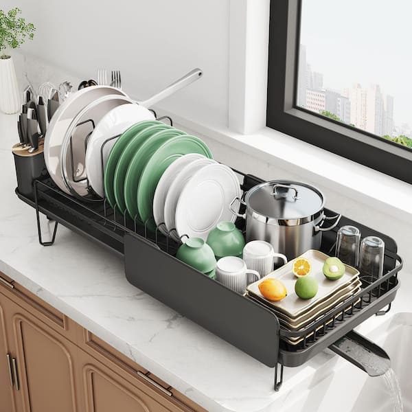 19.3 in. to 29.4 in. Stainless Steel Dish Drainer with Utensil Holder, Expandable Large Dish Drying Rack for Kitchen
