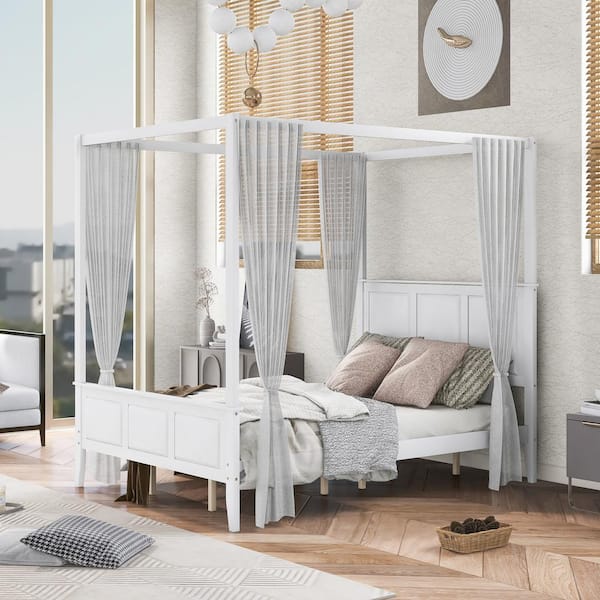 Qualler White Queen Size Canopy Platform Bed with Headboard