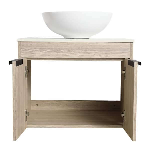 24 in. W Floating Bath Vanity in White Oak with White Ceramic Basin Top in White with Sink and Storage Shelves