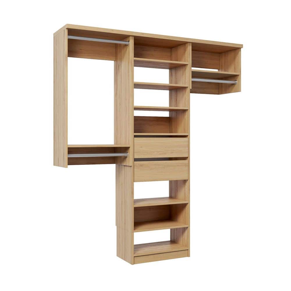 58.5 in. W Natural Oak Reach-in Floor-Mount 3-Rod 2-Reveal-Drawers 8-Shelf Wood Closet System