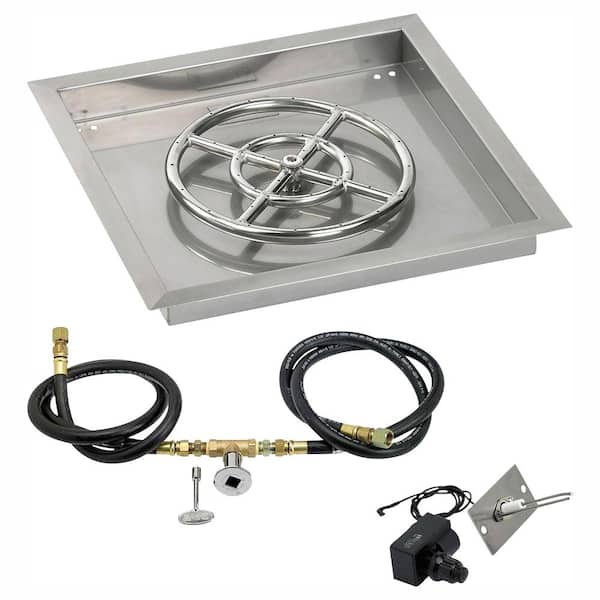 American Fire Glass 18 in. sq. Stainless Steel Drop-In Pan with Spark Ignition Kit (12 in. Fire Pit Ring) Natural Gas