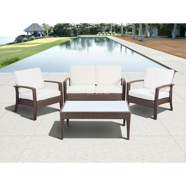 Atlantic Contemporary Lifestyle Florida Deluxe Brown 4-Piece All-Weather Wicker Patio Conversation Set with Off-White Cushions
