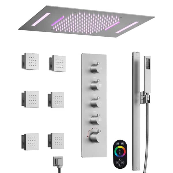 GRANDJOY RGB LED 15-Spray Dual Ceiling Mount Fixed & Handheld Shower Head 23 in.x15 in. 2.49GPM in Brushed Nickel(Valve Include)