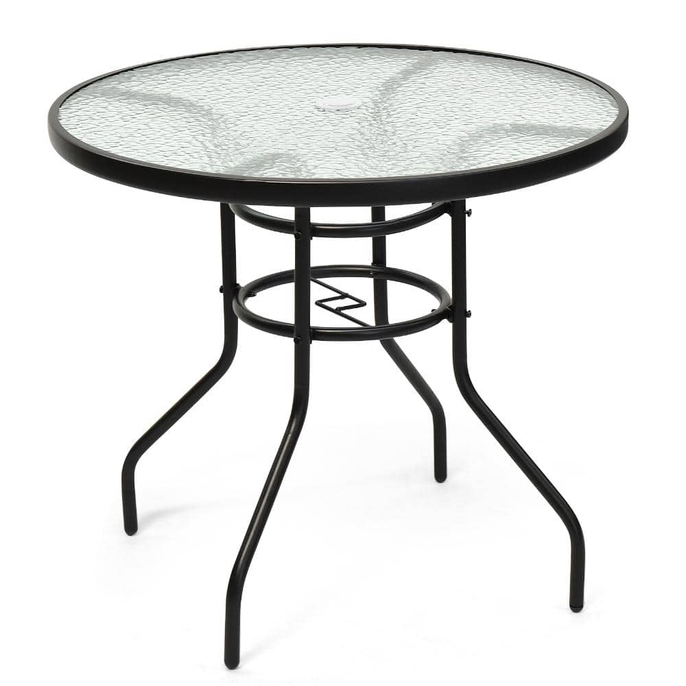 32 in. Round Tempered Glass and Steel Patio Dining Table with Umbrella Hole, Black price history on PriceWatchPro