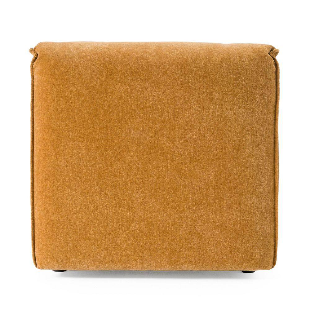 Rear view of an armless ochre fabric square sectional sofa piece.