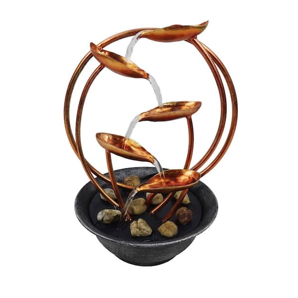 Alpine Corporation 13 in. Tall Indoor Multi-Tiered Metal Leaf Tabletop Fountain with Stone-Filled Base