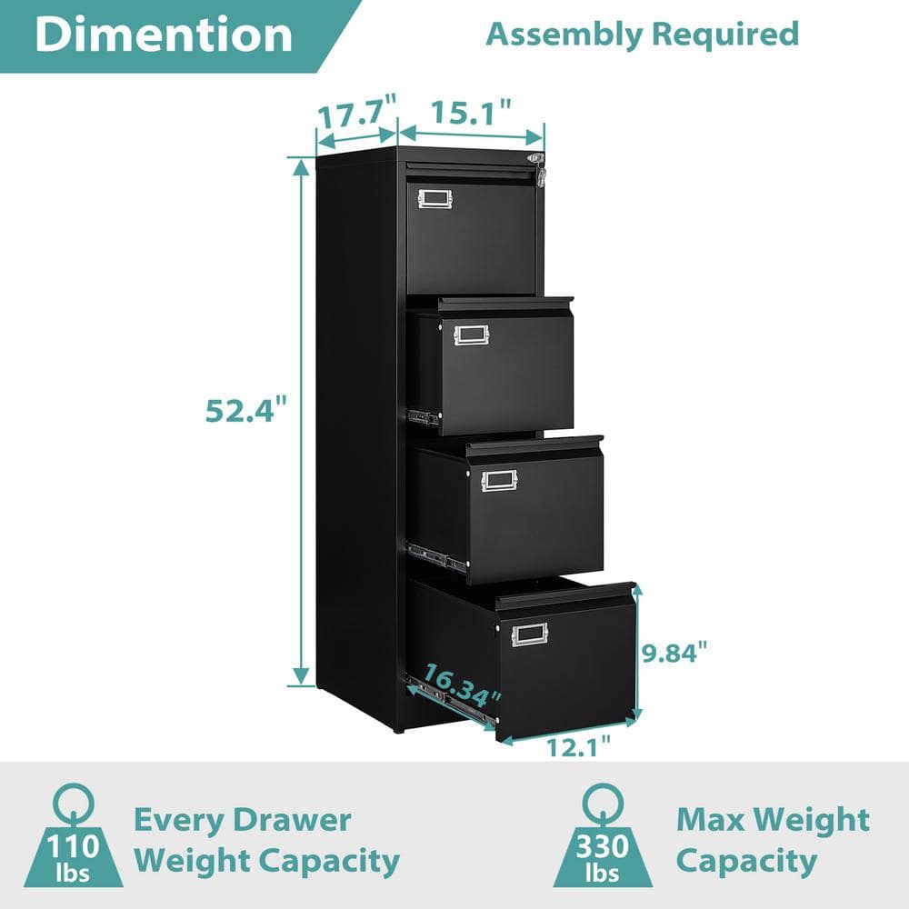 Black Metal Vertical 4-Drawer Lockable File Cabinet