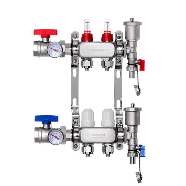 VEVOR 2-Branch Radiant Heat Manifold,1/2 in. PEX Tubing Manifold, Stainless Steel PEX Manifold, Radiant Heat PEX Manifold Kit