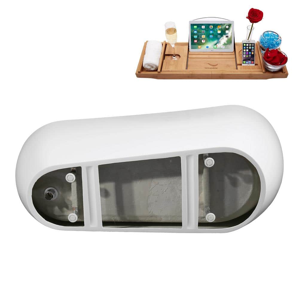 67" Glossy White Acrylic Freestanding Soaking Bathtub with Bamboo Tray