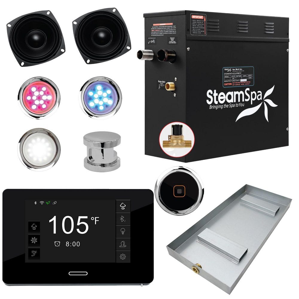 SteamSpa Black Series 6kW Steam Bath Generator with Wireless Bluetooth/Wifi Operation and Auto Drain in Polished Chrome