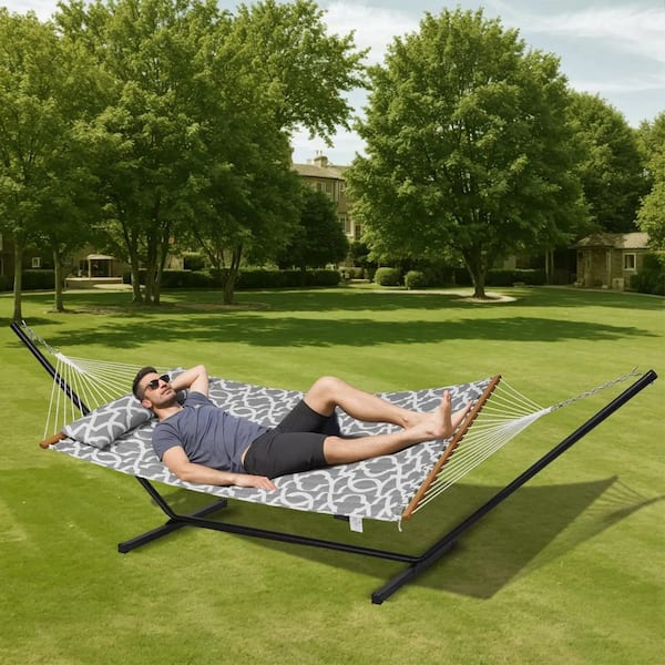 PNAEUT 2-Person Hammock with Space Saving Steel Stand Garden Yard Outdoor 450lb Capacity Double Hammocks and Portable Carrying Bag (Blue) PNAEUT Max 475lbs Capacity Double Hammock with Stand Included 2