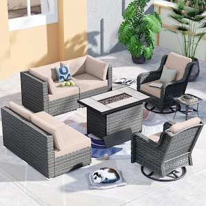 Iris Gray 8-Piece Wicker Outerdoor Patio Rectangular Fire Pit Set and with Beige Cushions and Swivel Rocking Chairs