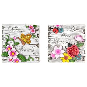 7 in. Love Blooms and Welcome Friends Floral Outdoor Garden Stones (Set of 2)