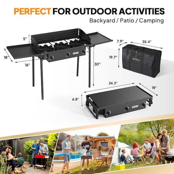 ROVSUN 3-Burner Camping Stove with Windpanel & Side Shelves