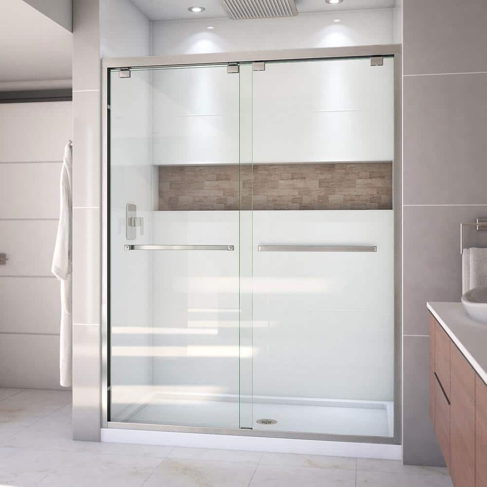 Encore 32 in. D x 60 in. W x 78.75 in. H Semi-Frameless Sliding Shower Door in Brushed Nickel with White Base price history on PriceWatchPro