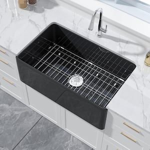 Farmhouse Kitchen Sink 30 in. Apron Front Single Bowl Black Fireclay Kitchen Sink Barn Sink Farm Sink with Bottom Grids