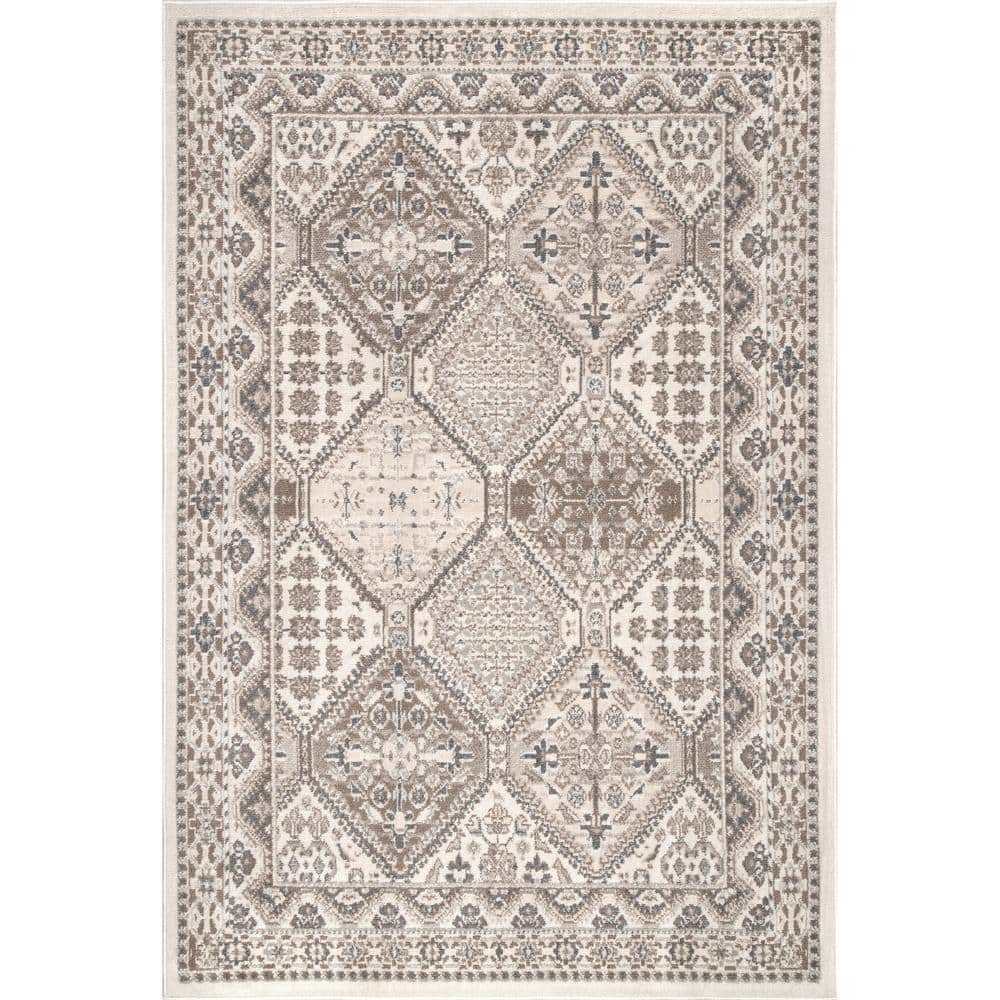 Beige Geometric Easy-Care Synthetic Area Rug, 9' x 12'