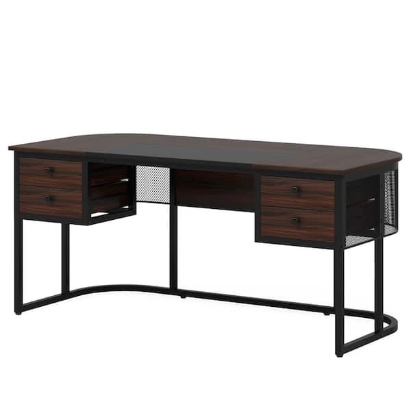 TRIBESIGNS WAY TO ORIGIN Halseey 63 in. Dark Walnut and Black Executive Large Office Computer Desk 4 Drawers Business Workstation Home Office