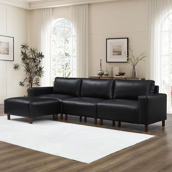 Xandell Modern 112 in. Square Arms PU Faux Leather Upholstery L-Shaped Sectional Sofa in Black with Ottoman
