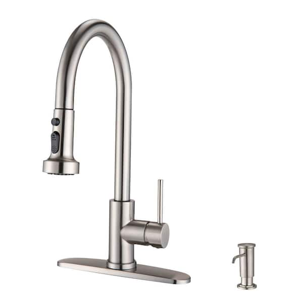 FLG Single Handle Pull Down Sprayer Kitchen Faucet with Soap Dispenser 304 Stainless Steel Sink Faucets in Brushed Nickel