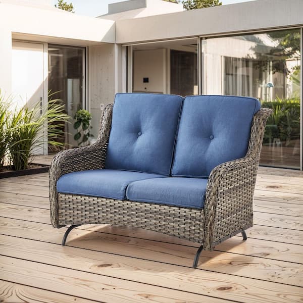 2-Person Wicker Outdoor Patio Glider Couch with Deep Seating and Cushions, Suitable for Porch Deck Balcony (Gray/Blue)
