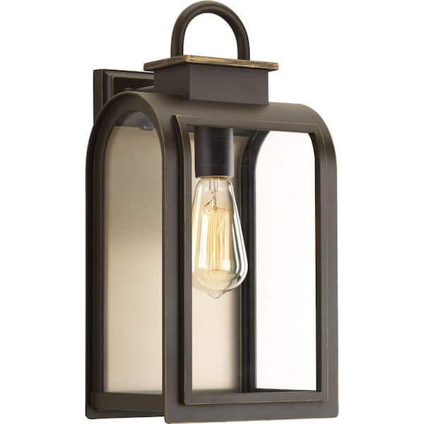 Refuge Collection 1-Light Oil Rubbed Bronze Clear/Etched Umber Glass Farmhouse Outdoor Medium Wall Lantern Light