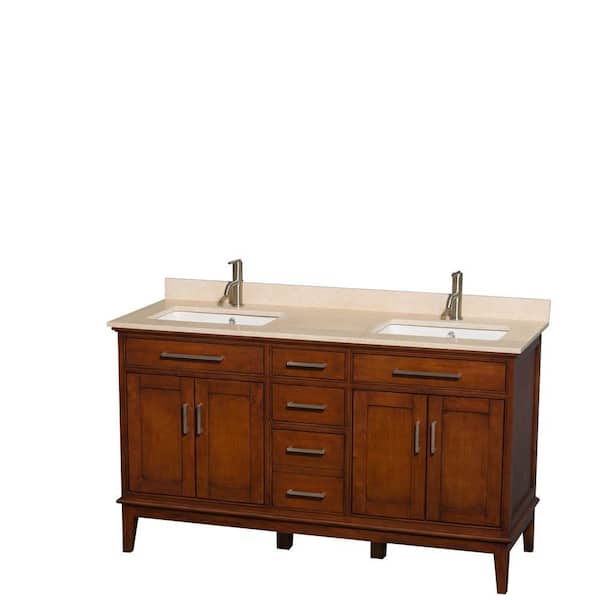 Wyndham Collection Hatton 60 in. Double Vanity in Light Chestnut with Marble Vanity Top in Ivory and Square Sinks