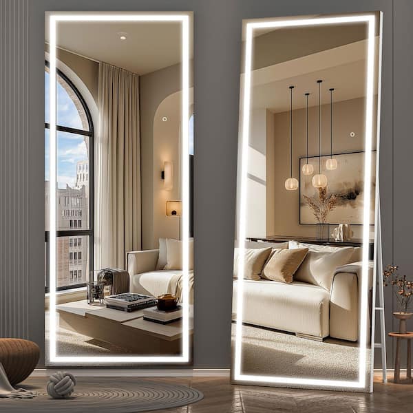 Vosuja 32 in. W x 79 in. H Square White LED Lighted Floor Standing Mirror, Hanging Mounted Mirror, Dimmable, Tempered Glass