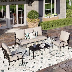 5 Seat 4-Piece Black Metal Steel Outdoor Patio Conversation Set with Beige Cushions, Table with Stripe-Shaped Top
