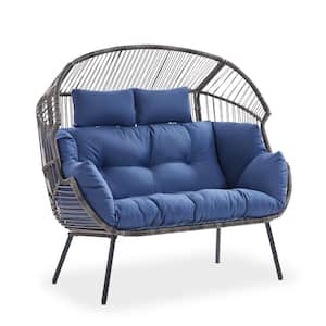 Corina Gray Patio Wicker Oversized Stationary Egg Chair Loveseat with Blue Cushions