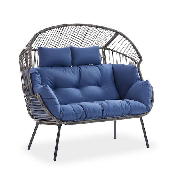 Gymojoy Corina Gray Patio Wicker Oversized Stationary Egg Chair Loveseat with Blue Cushions