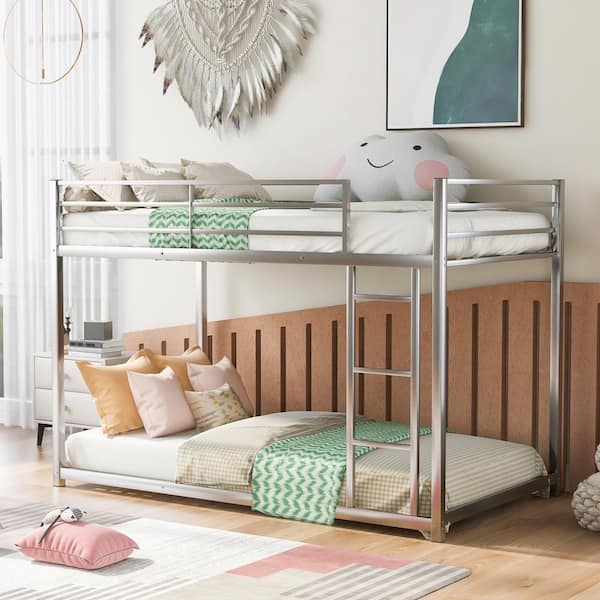 GOSALMON Silver Full Over Full Metal Bunk Bed, Low Bunk Bed with Ladder ...