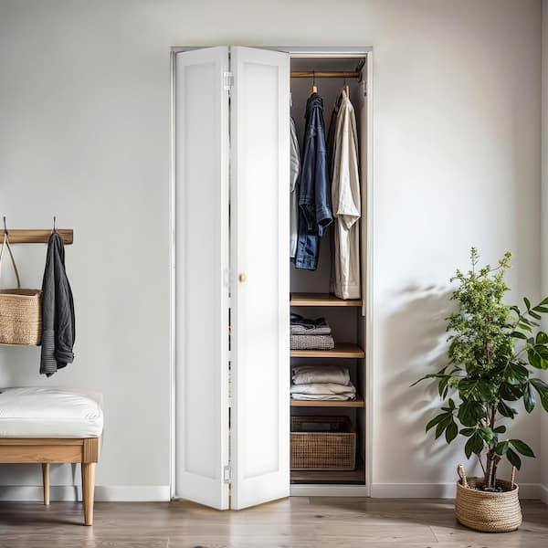 30 in. x 78.4 in. 1-Panel Hollow Core White Primed Molded Composite MDF Closet Bi-Fold Door with Hardware Kit