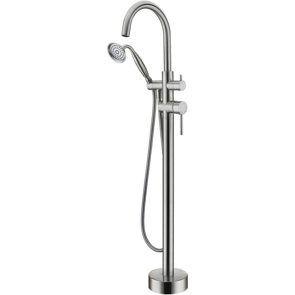 Double-Handles Freestanding Floor-Mount Tub Filler Bathtub Faucet with Hand