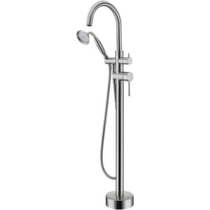 Double-Handles Freestanding Floor-Mount Tub Filler Bathtub Faucet with Hand Held Shower in Brushed Nickel
