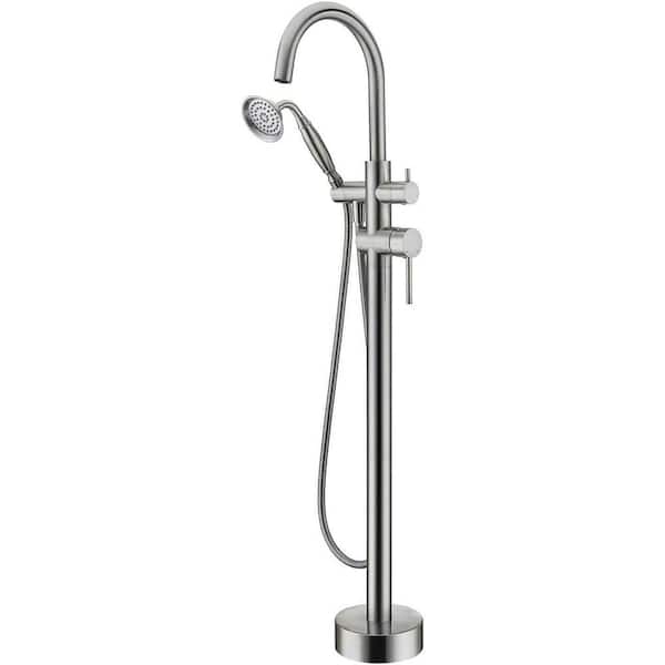 Unbranded Double-Handles Freestanding Floor-Mount Tub Filler Bathtub Faucet with Hand Held Shower in Brushed Nickel