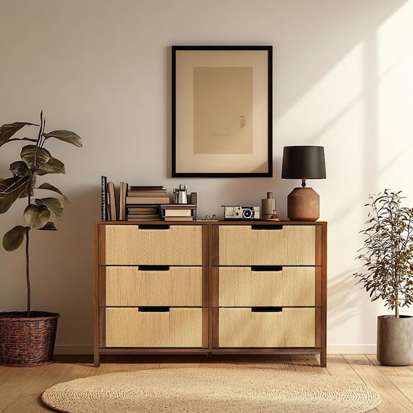 Walnut Finish MDF Wood with Rope Front 6-Drawer 47.24 in. W Horizontal Dresser