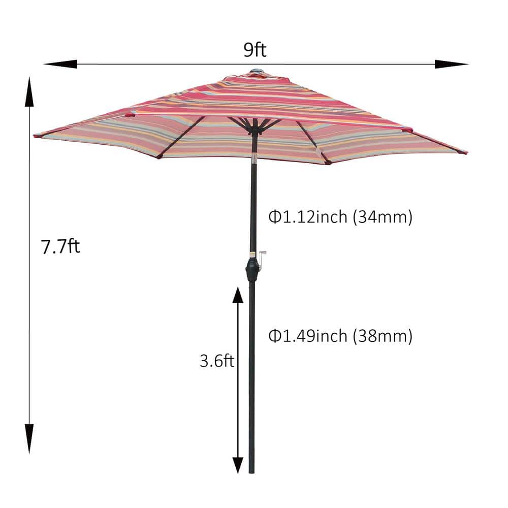 9ft Red Striped Metal Market Patio Umbrella with Crank Lift
