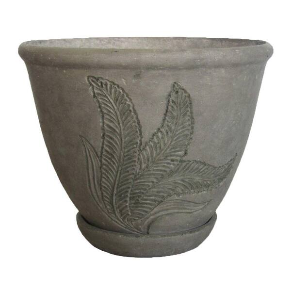 MPG 18 in. Round Aged Granite Cast Stone Pot with Attached Saucer