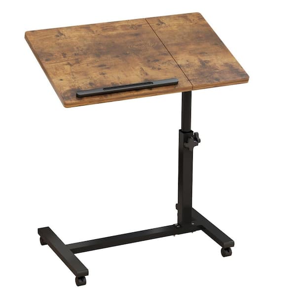 Rustic Brown Tilting Overbed Table with Wheels, Height Adjustable Hospital Bed Table, Mobile Rolling Laptop Stand