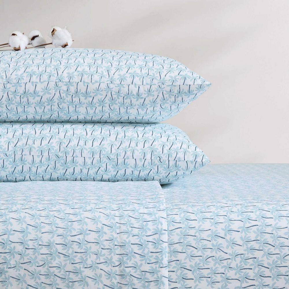 King Blue Cotton Percale Palm Print Sheet Set