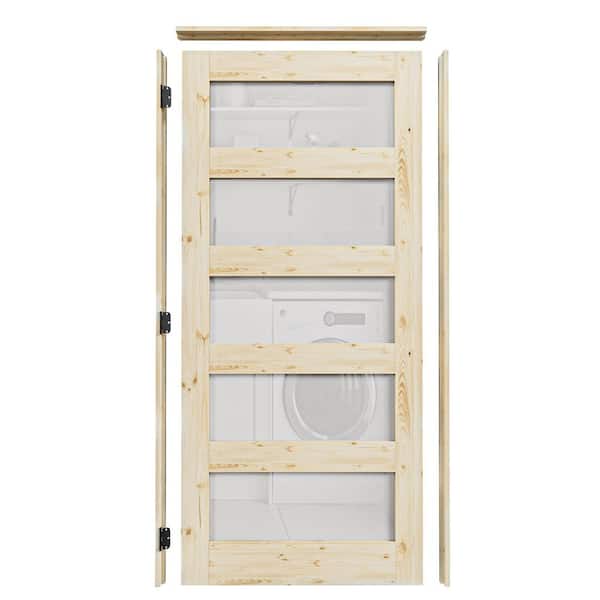 36 in. x 80 in. 5-Lite Frosted Glass Right Unfinished Pine Wood Single Interior Door Kit with Quick Assemble Jamb